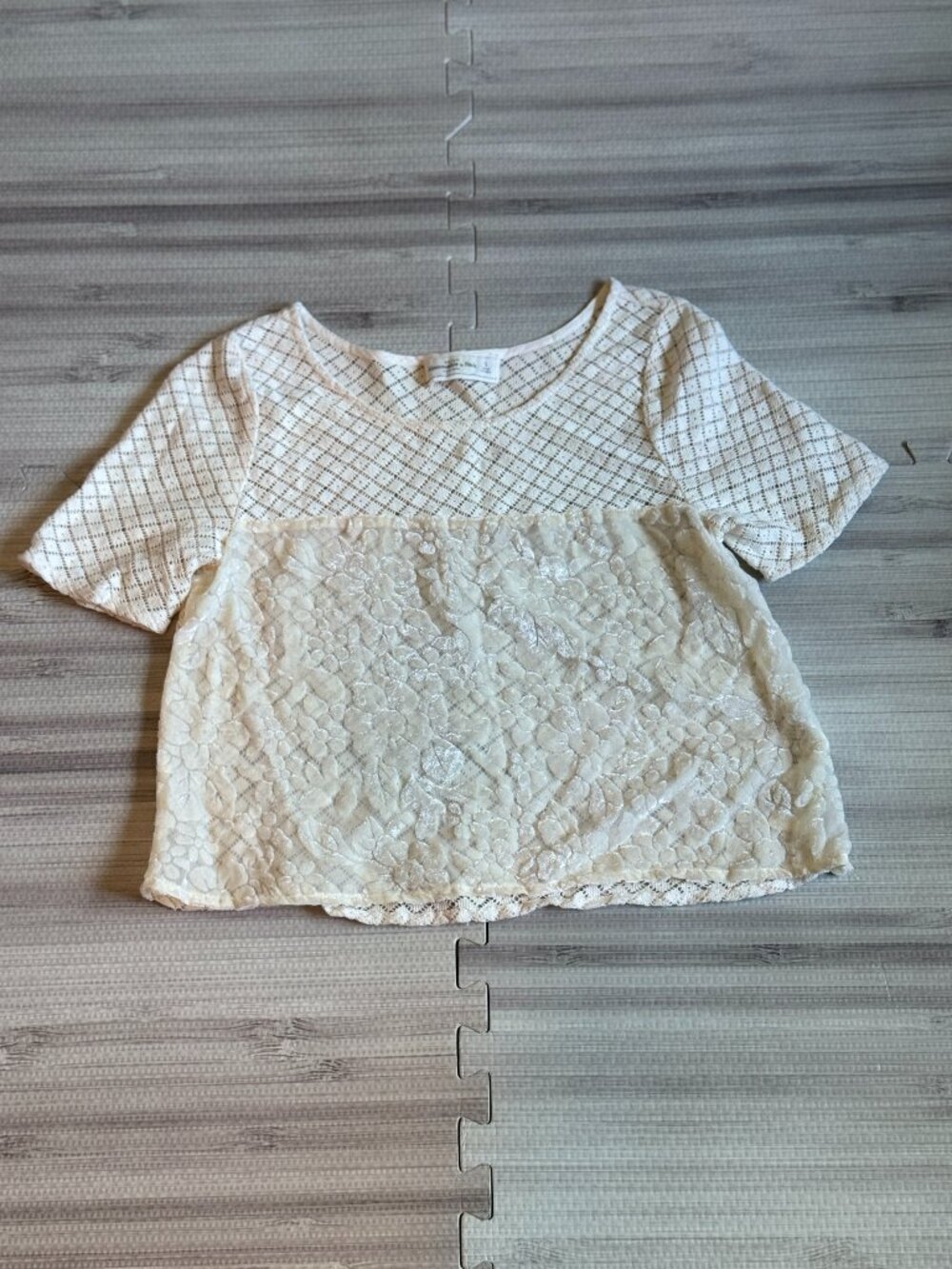 Abercrombie & Fitch Sheer Velvet Burnout Knit Lace Short Sleeve Cropped Top